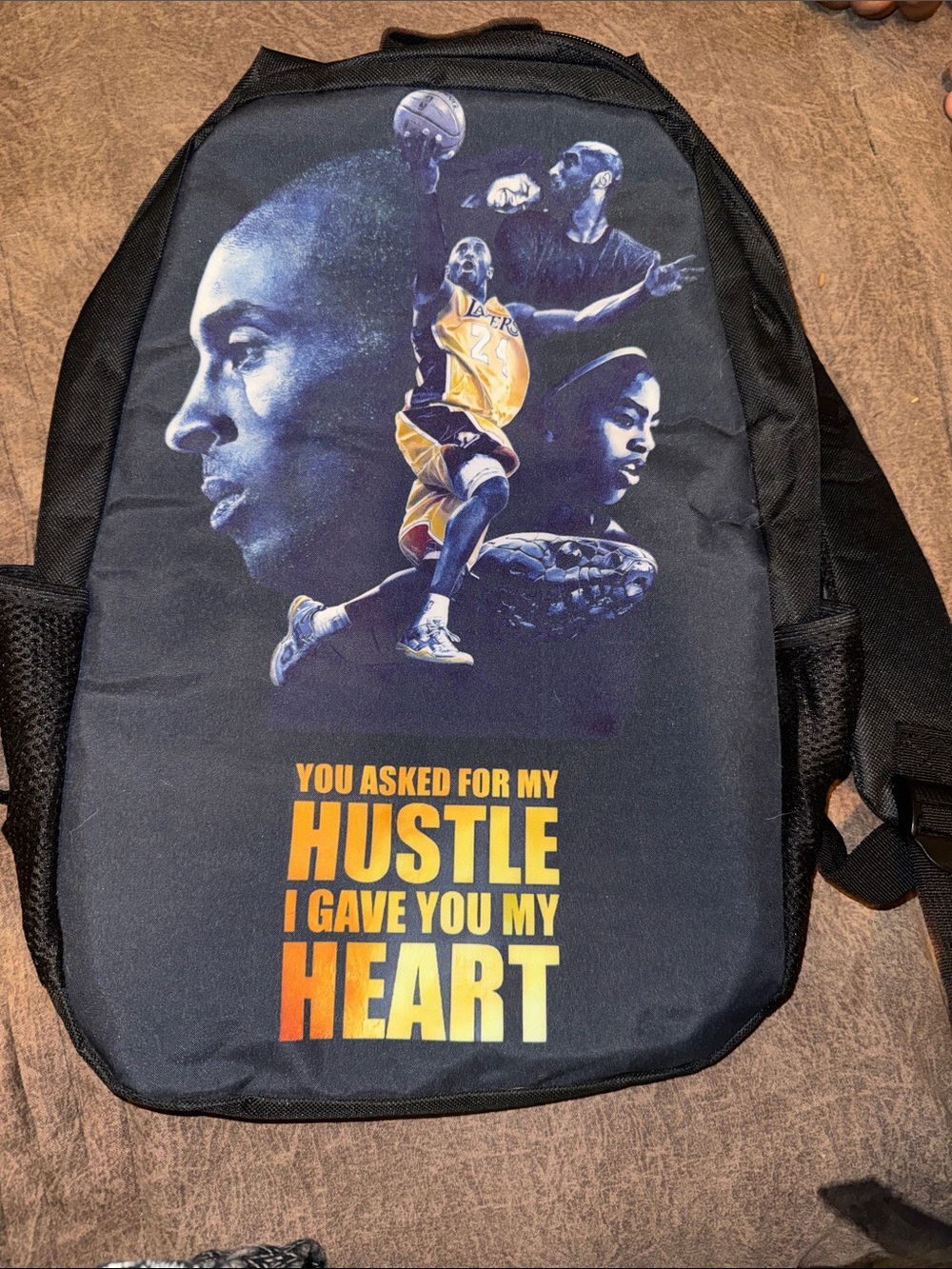 Kobe Bryant Black Graphic Hustle Backpack with Yellow Accent